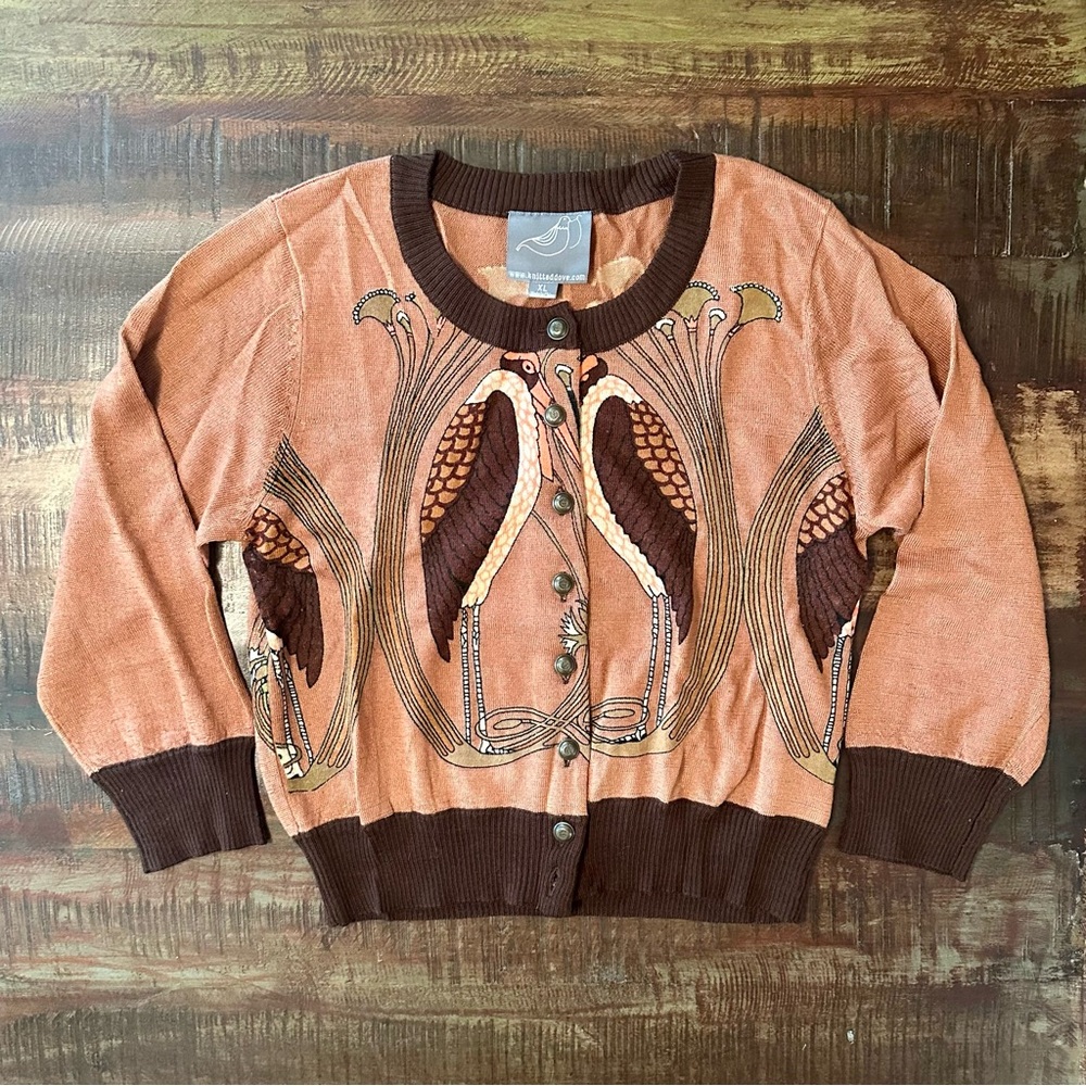 Anthropologie Peach and Brown Embroidered Bird Cardigan
